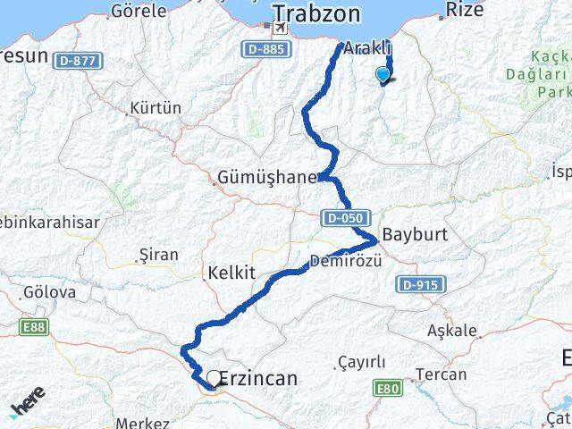 Trabzon Dernekpazarı Erzincan Arası Kaç Km - Yol Haritası