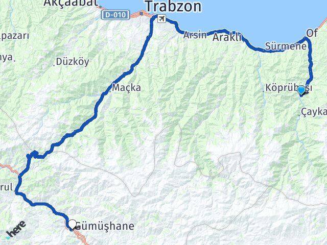 Trabzon Dernekpazarı Gümüşhane Arası Kaç Km - Yol Haritası