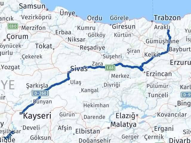Trabzon Dernekpazarı Kayseri Arası Kaç Km - Yol Haritası
