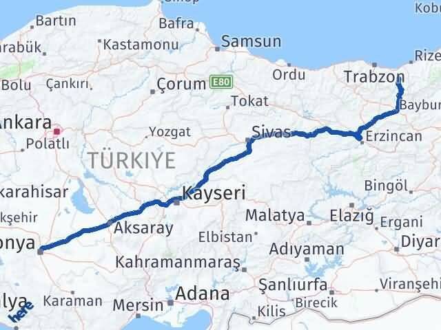 Trabzon Dernekpazarı Konya Arası Kaç Km - Yol Haritası