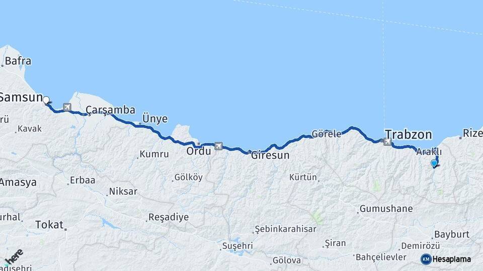 Trabzon Dernekpazarı Samsun Arası Kaç Km - Yol Haritası