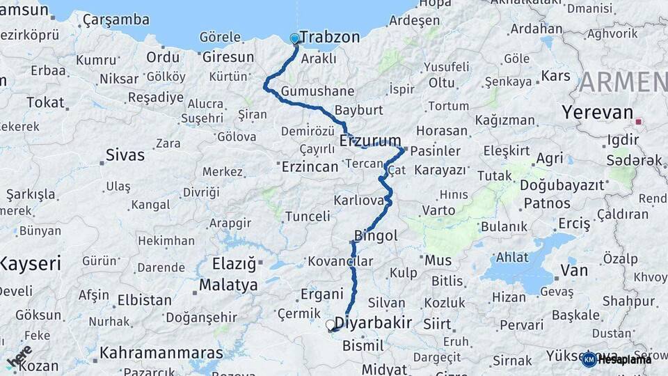 Trabzon Diyarbakır Arası Kaç Km - Yol Haritası