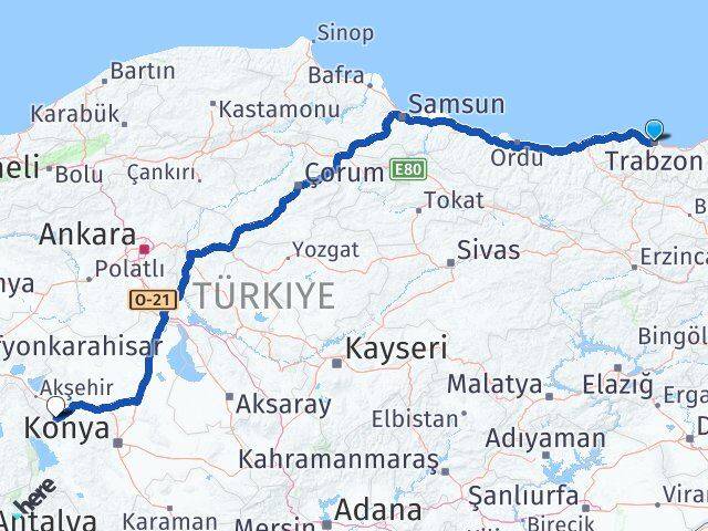 Trabzon Doğanhisar Konya Arası Kaç Km - Yol Haritası