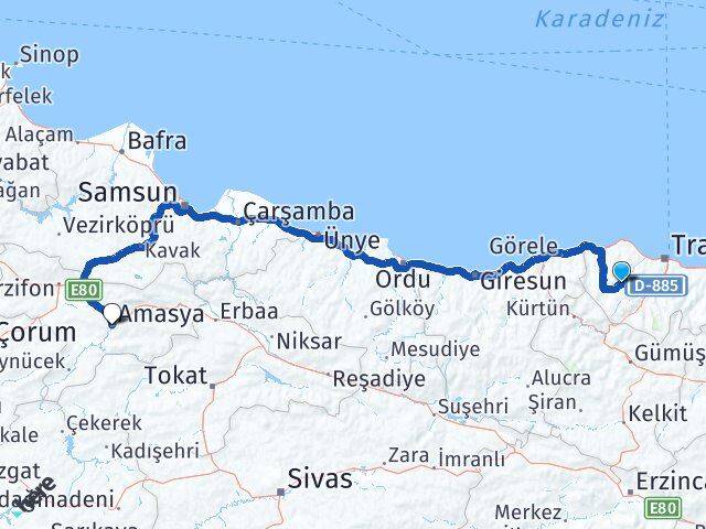 Düzköy Amasya Arası Kaç Km - Yol Tarifi
