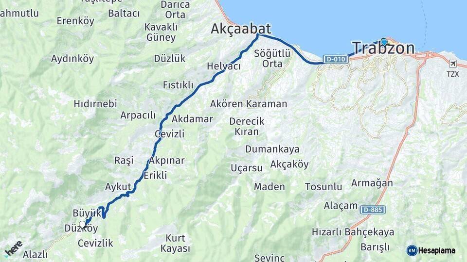 Trabzon Düzköy Arası Kaç Km - Yol Haritası
