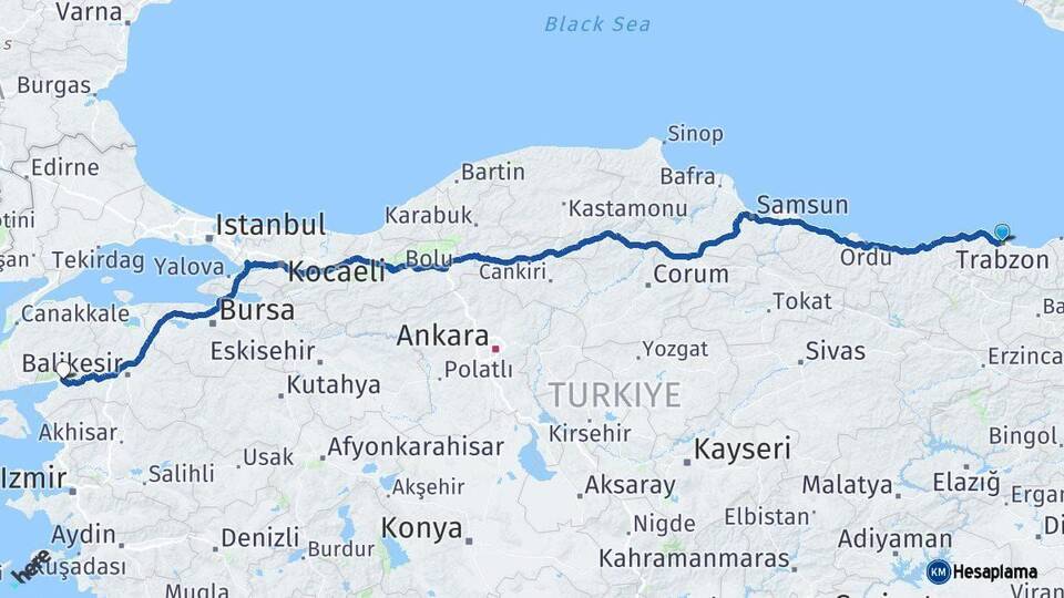 Trabzon Edremit Balıkesir Arası Kaç Km - Yol Haritası