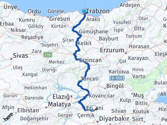 Trabzon Eğil Diyarbakır Arası Kaç Km - Yol Haritası