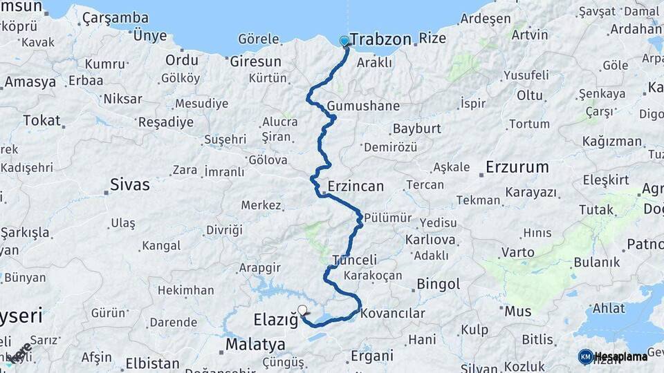 Trabzon Elazığ Arası Kaç Km - Yol Haritası