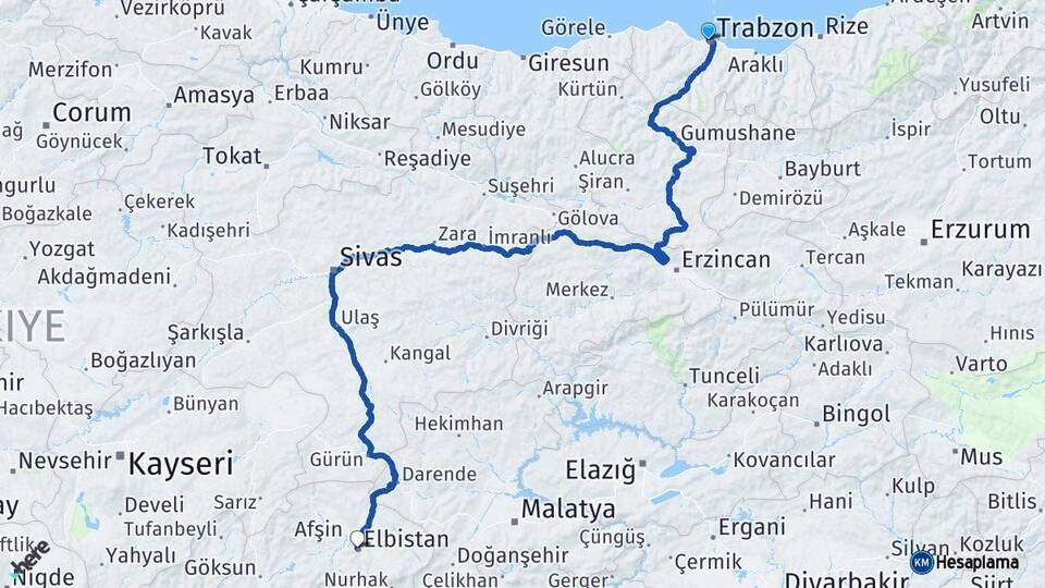 Trabzon Elbistan Kahramanmaraş Arası Kaç Km - Yol Haritası