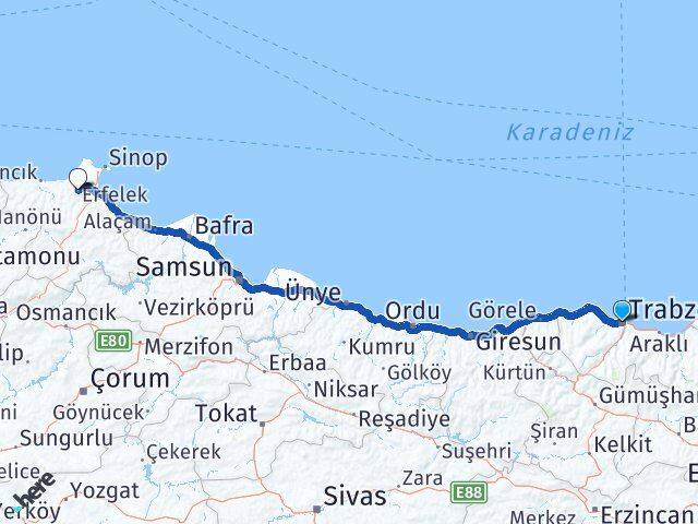 Trabzon Erfelek Sinop Arası Kaç Km - Yol Haritası