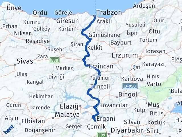 Trabzon Ergani Diyarbakır Arası Kaç Km - Yol Haritası