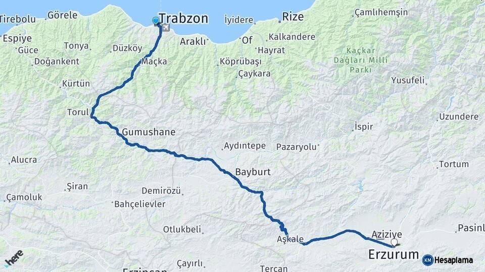 Trabzon Erzurum Arası Kaç Km - Yol Haritası