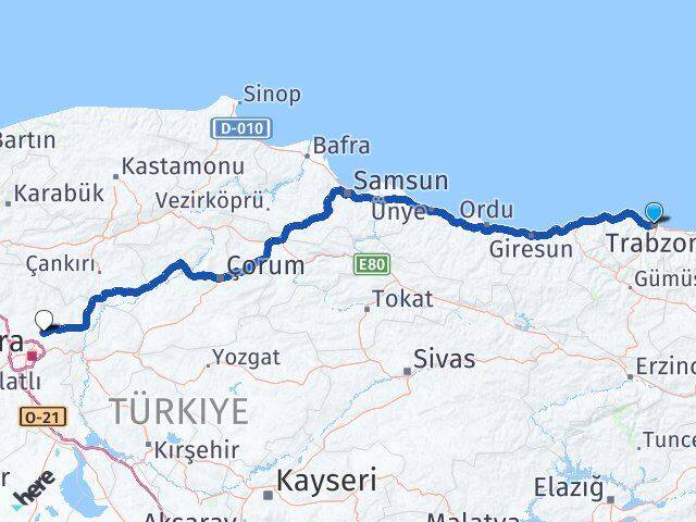 Trabzon Esenboğa Havalimanı Arası Kaç Km - Yol Haritası