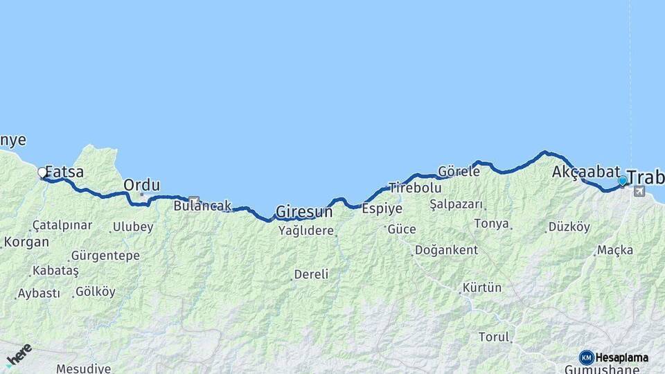 Trabzon Fatsa Ordu Arası Kaç Km - Yol Haritası