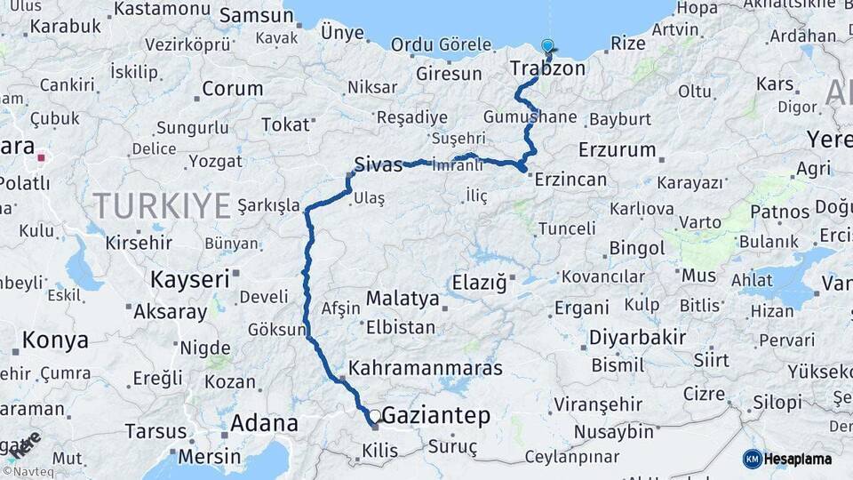 Trabzon Gaziantep Arası Kaç Km - Yol Haritası