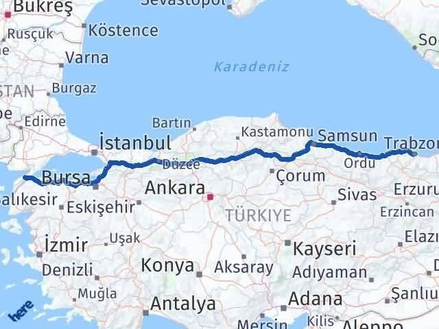 Trabzon Gelibolu Çanakkale Arası Kaç Km - Yol Haritası