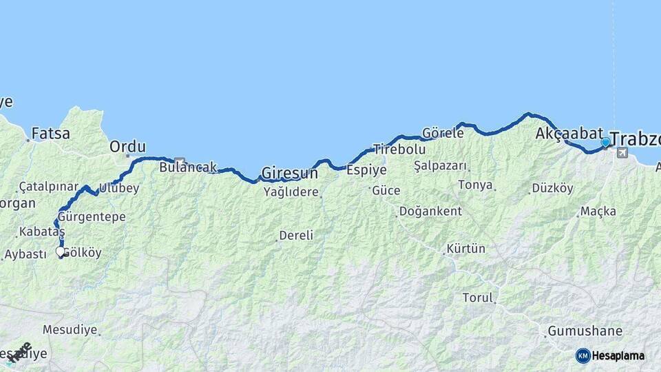 Trabzon Gölköy Ordu Arası Kaç Km - Yol Haritası