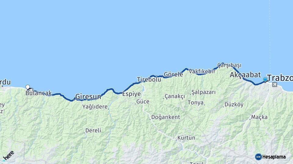Trabzon Gülyalı Ordu Arası Kaç Km - Yol Haritası