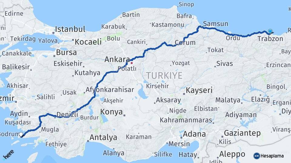 Trabzon Gümbet Bodrum Muğla Arası Kaç Km - Yol Haritası