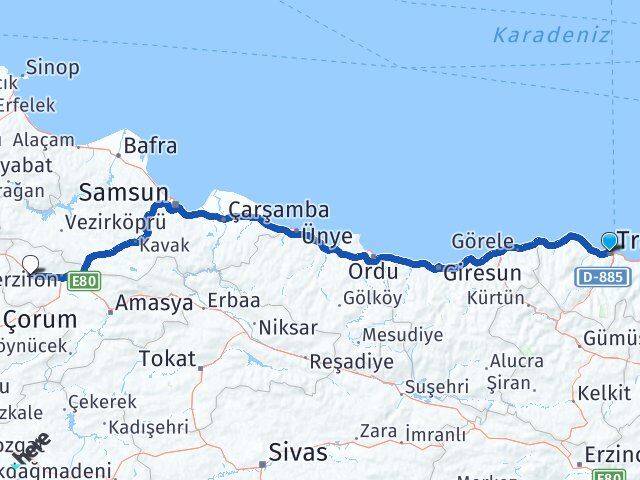 Trabzon Gümüşhacıköy Amasya Arası Kaç Km - Yol Haritası