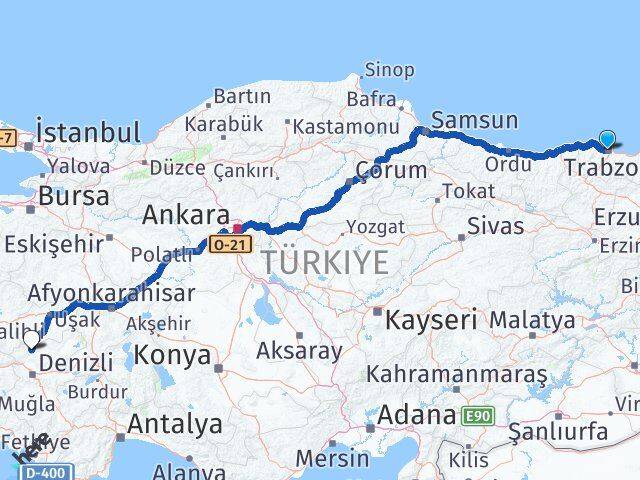 Trabzon Güney Denizli Arası Kaç Km - Yol Haritası