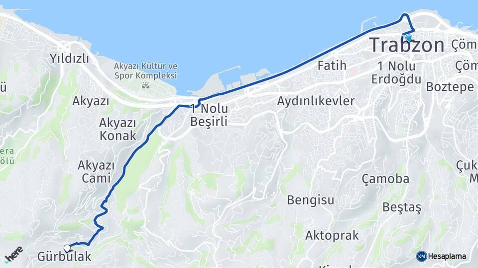 Trabzon Gürbulak Ortahisar Arası Kaç Km - Yol Haritası