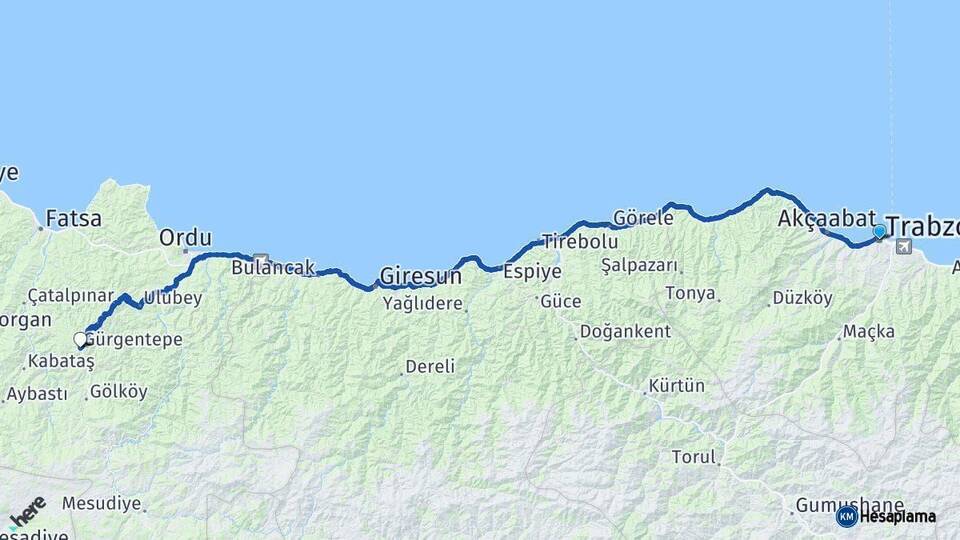 Trabzon Gürgentepe Ordu Arası Kaç Km - Yol Haritası