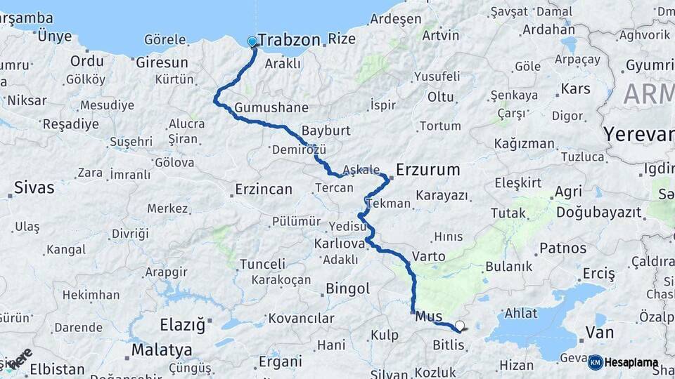 Trabzon Güroymak Bitlis Arası Kaç Km - Yol Haritası