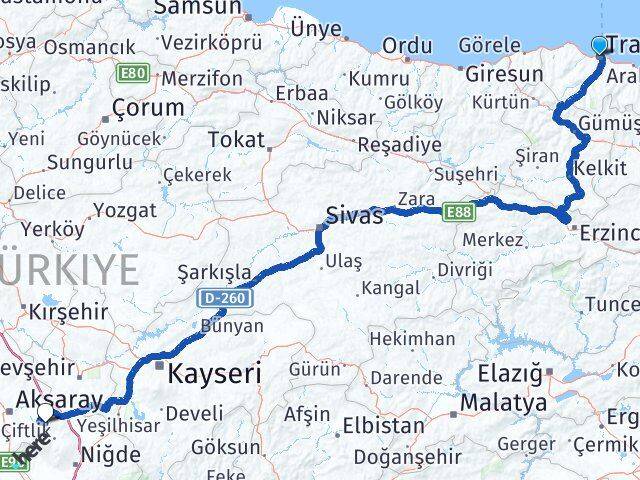Trabzon Güzelyurt Aksaray Arası Kaç Km - Yol Haritası