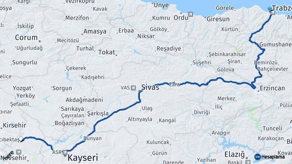 Trabzon Hacıbektaş Nevşehir Arası Kaç Km - Yol Haritası