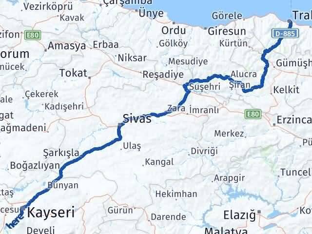 Trabzon Hacılar Kayseri Arası Kaç Km - Yol Haritası
