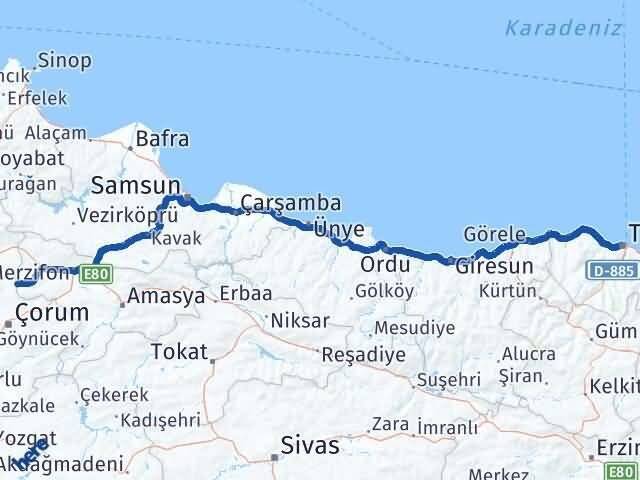 Trabzon Hamamözü Amasya Arası Kaç Km - Yol Haritası