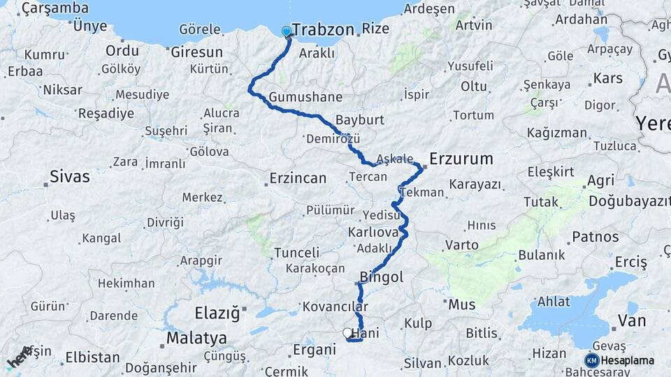 Trabzon Hani Diyarbakır Arası Kaç Km - Yol Haritası