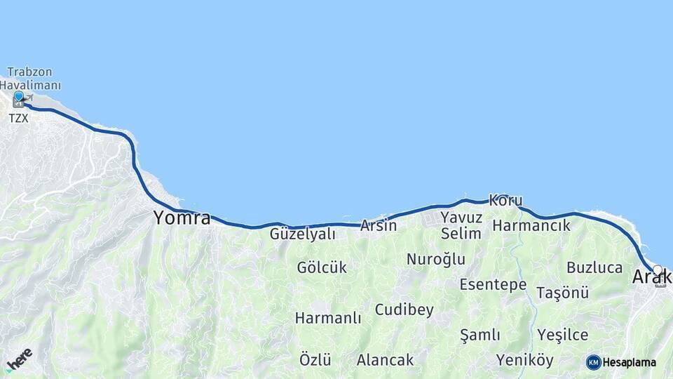 Trabzon Havalimanı Araklı Arası Kaç Km - Yol Tarifi