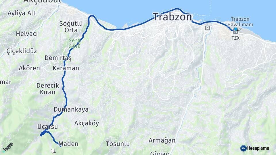 Trabzon Havalimanı Ortahisar Trabzon Arası Kaç Km - Yol Haritası