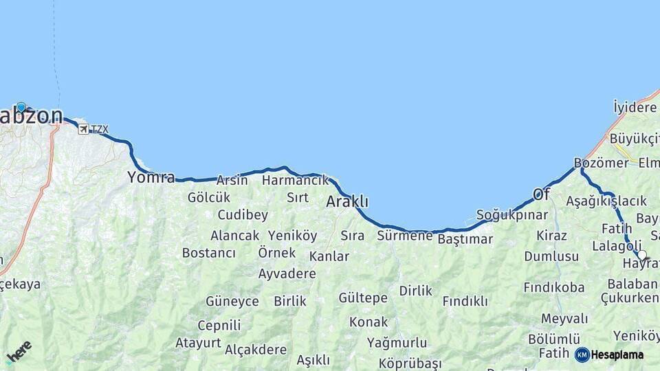 Trabzon Hayrat Arası Kaç Km - Yol Haritası