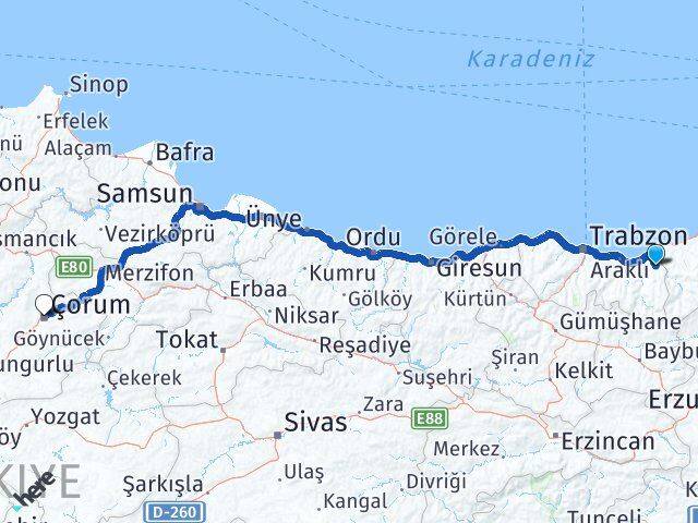 Hayrat Çorum Arası Kaç Km - Yol Tarifi