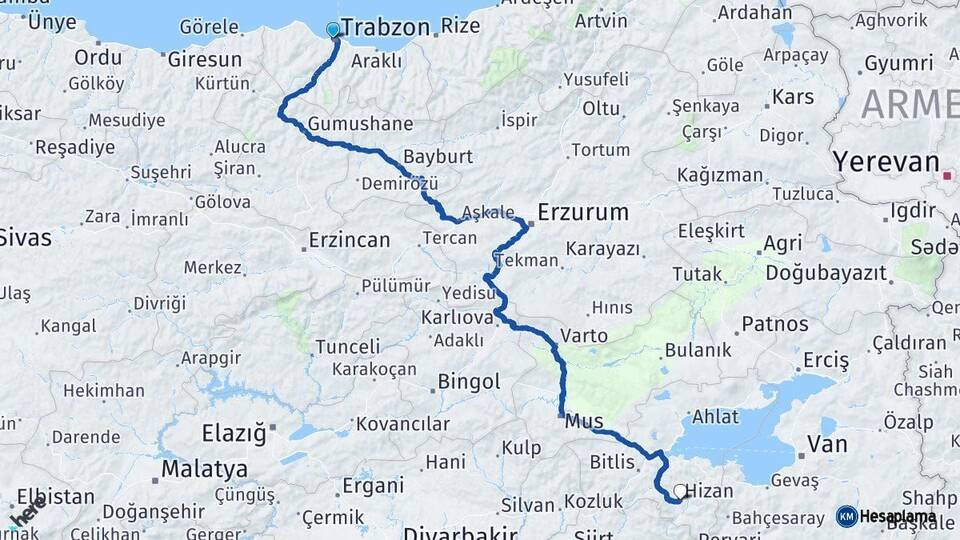 Trabzon Hizan Bitlis Arası Kaç Km - Yol Haritası