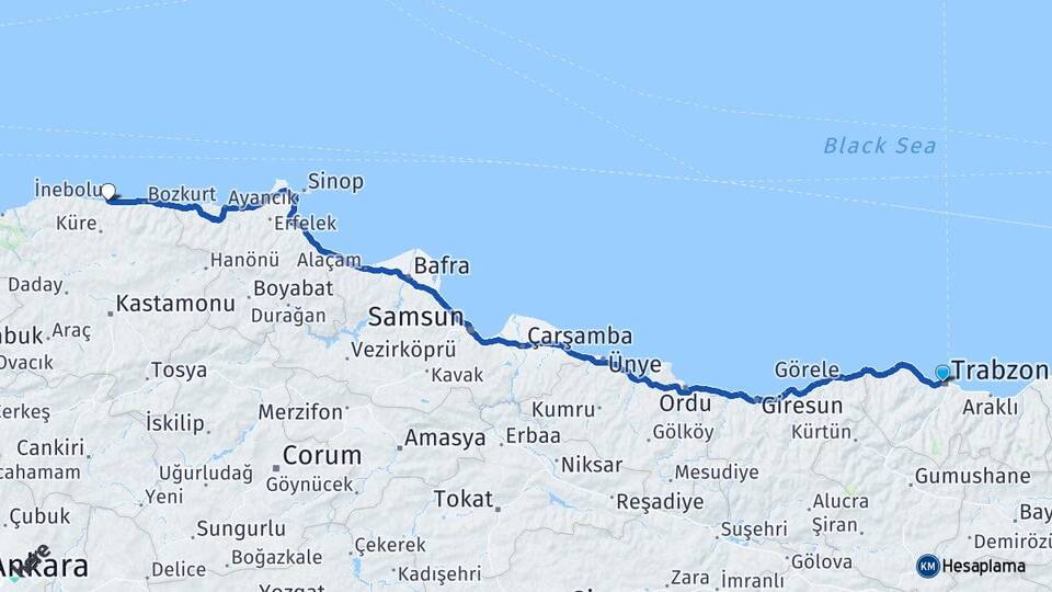 Trabzon İnebolu Kastamonu Arası Kaç Km - Yol Haritası