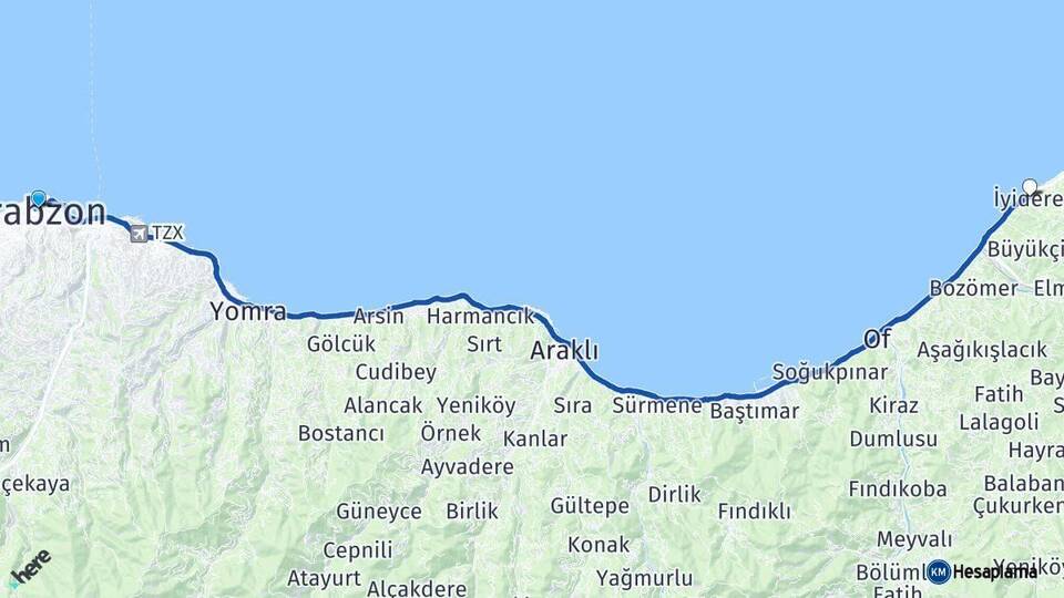 Trabzon İyidere Rize Arası Kaç Km - Yol Haritası