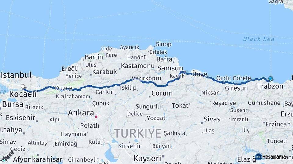 Trabzon İzmit Kocaeli Arası Kaç Km - Yol Haritası
