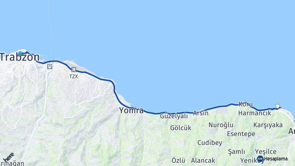 Trabzon Kalecik Araklı Arası Kaç Km - Yol Haritası