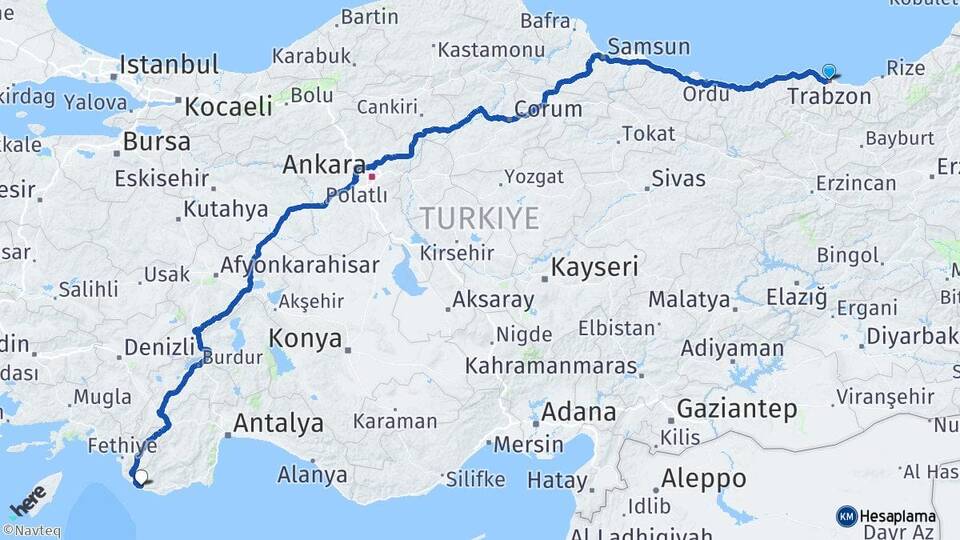 Trabzon Kalkan Kaş Antalya Arası Kaç Km - Yol Haritası