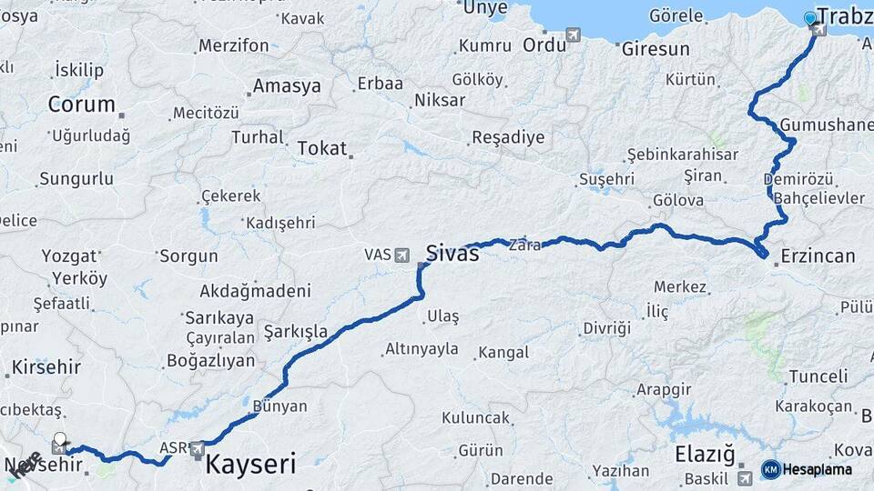 Trabzon Kapadokya Havalimanı Arası Kaç Km - Yol Haritası