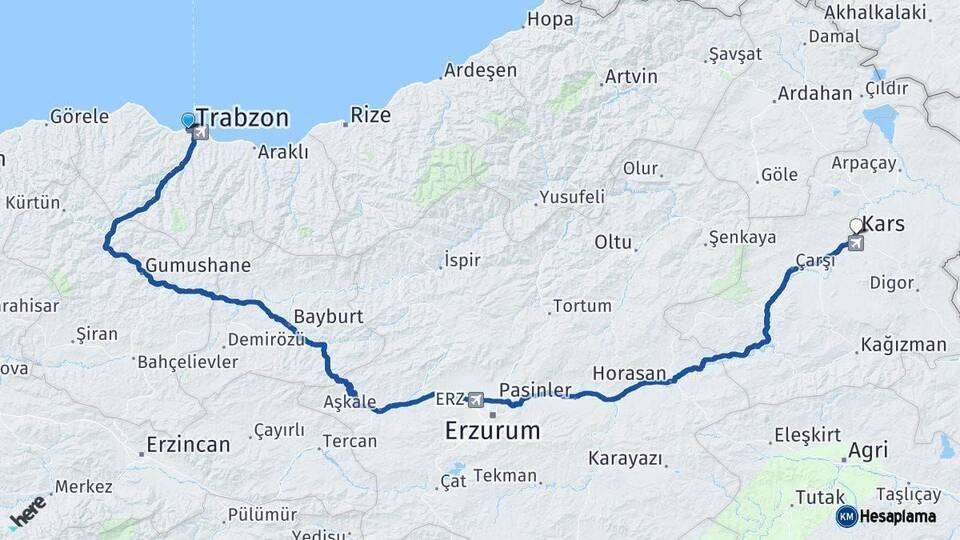 Trabzon Kars Arası Kaç Km - Yol Haritası