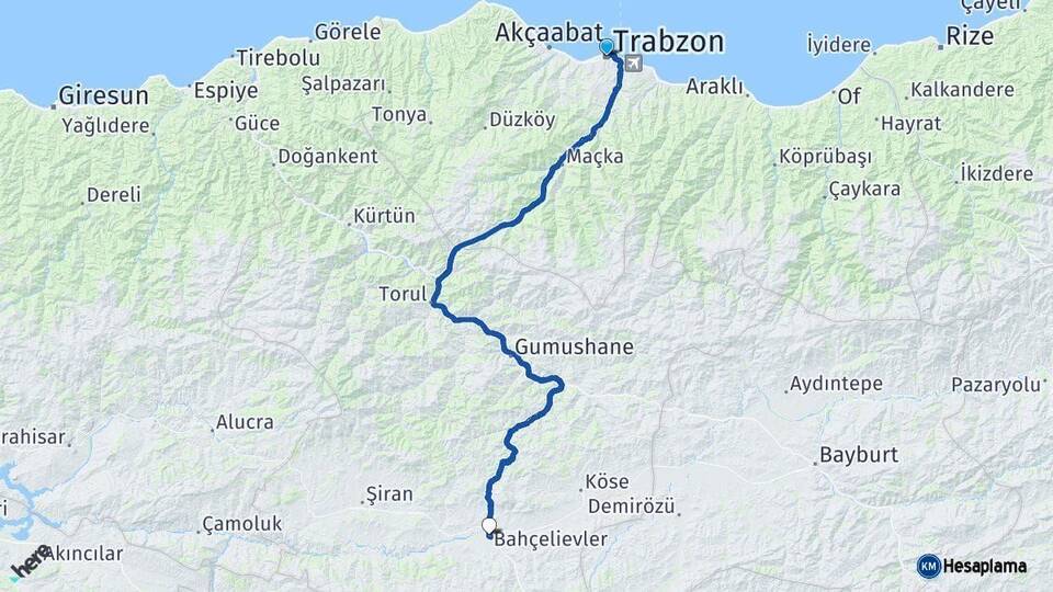 Trabzon Kelkit Gümüşhane Arası Kaç Km - Yol Haritası