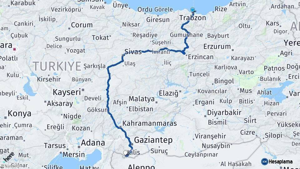 Trabzon Kilis Arası Kaç Km - Yol Haritası