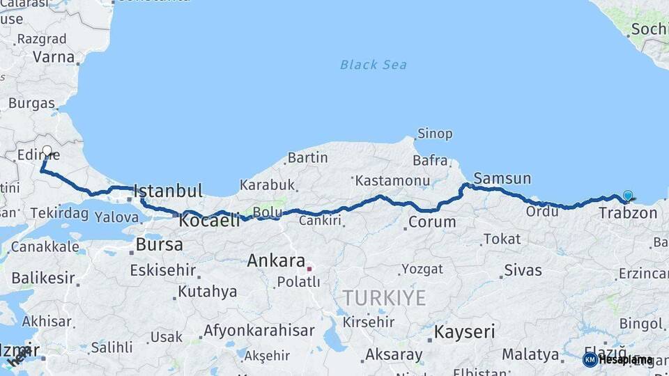 Trabzon Kırklareli Arası Kaç Km - Yol Haritası