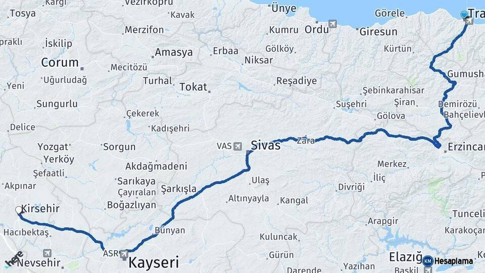 Trabzon Kırşehir Arası Kaç Km - Yol Haritası