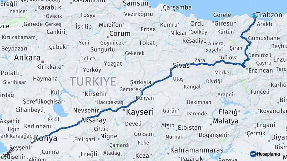 Trabzon Konya Arası Kaç Km - Yol Haritası